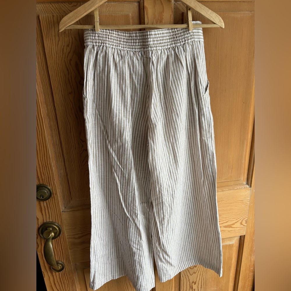 Linen Cotton Blend White and Beige Striped Wide-Leg Pants Size XS - Picture 6 of 6